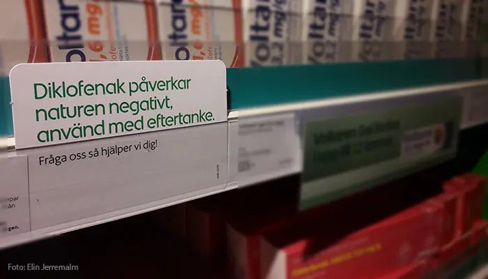 Varningstext för diklofenak som säljs på apoteken.